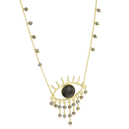 Evil Eye Labradorite necklace, Unique designer jewelry, Brass with 22k gold plated necklace for women